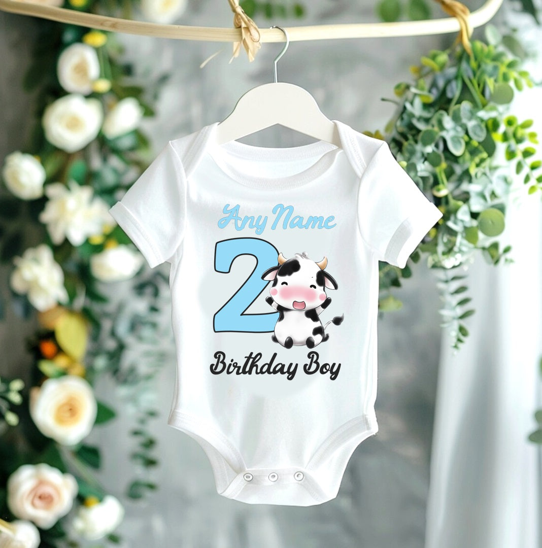 Cute Cow Blue Birthday Personalized White Onesie or T Shirt - All Sizes