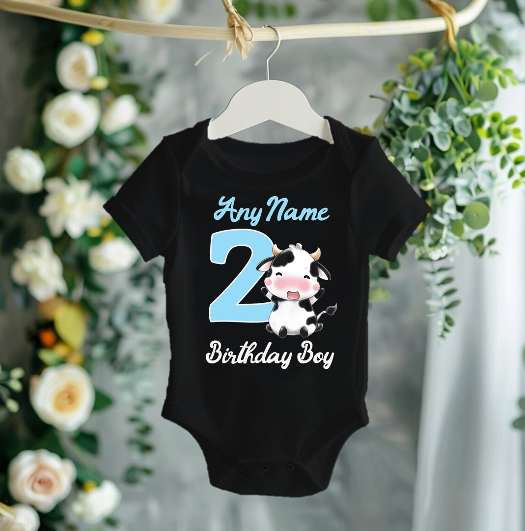 Cute Cow Blue Birthday Personalized Black Onesie or T Shirt - All Sizes