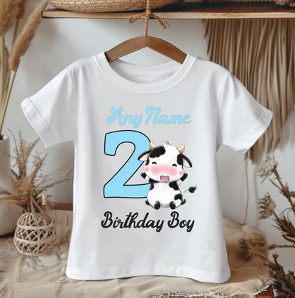 Cute Cow Blue Birthday Personalized White Onesie or T Shirt - All Sizes