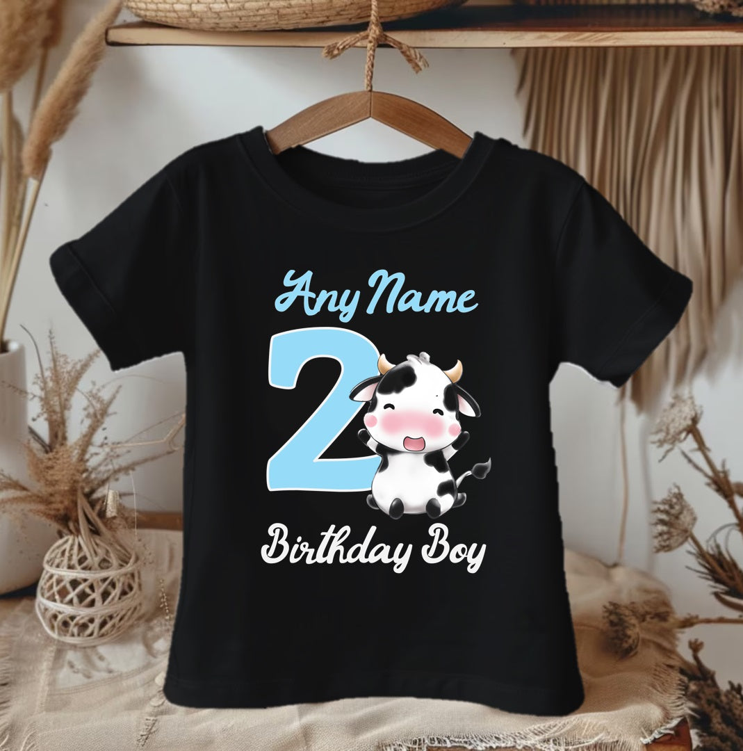 Cute Cow Blue Birthday Personalized Black Onesie or T Shirt - All Sizes