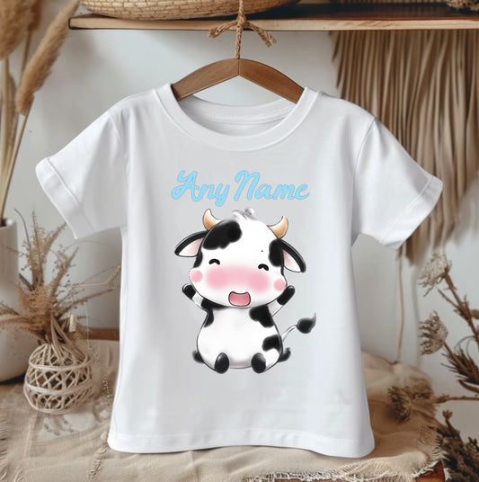 Cute Cow Blue Personalized Name White Onesie or T Shirt - All Sizes