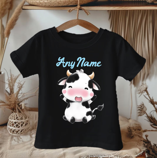 Cute Cow Blue Personalized Name Black Onesie or T Shirt - All Sizes