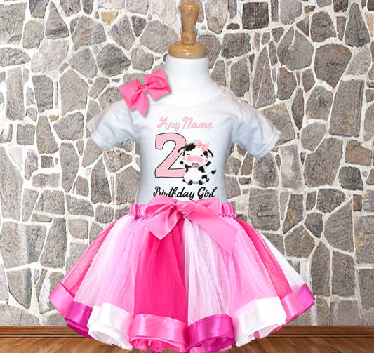 Cute Cow Pink Birthday Personalized Pink Ribbon Tutu Outfit Dress Set - All Sizes