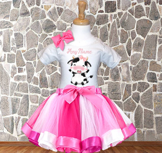 Cute Cow Pink Personalized Name Pink Ribbon Tutu Outfit Dress Set - All Sizes