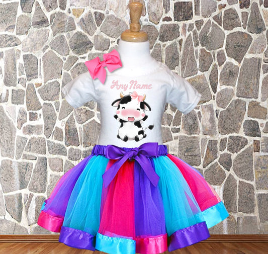 Cute Cow Pink Personalized Name Purple Ribbon Tutu Outfit Dress Set - All Sizes