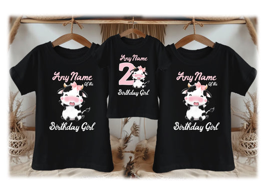 Cute Cow Pink Birthday Personalized Family Black T Shirt 3 Pack - All Sizes