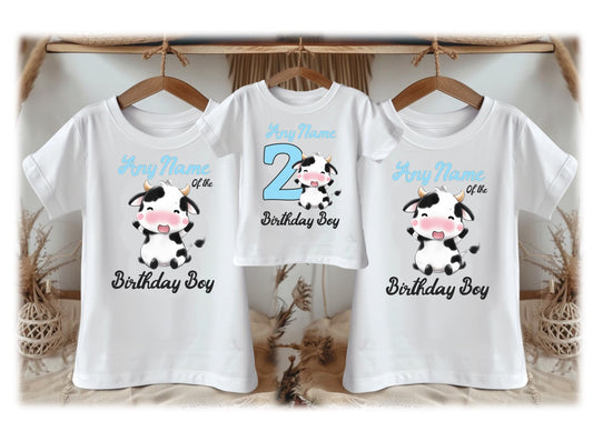 Cute Cow Blue Birthday Personalized Family White T Shirt 3 Pack - All Sizes