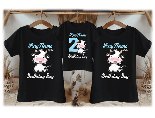 Cute Cow Blue Birthday Personalized Family Black T Shirt 3 Pack - All Sizes