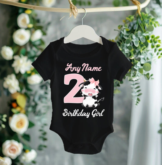 Cute Cow Pink Birthday Personalized Black Onesie or T Shirt - All Sizes