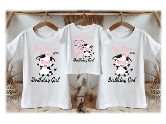 Cute Cow Pink Birthday Personalized Family White T Shirt 3 Pack - All Sizes