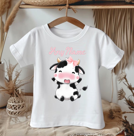 Cute Cow Pink Personalized Name White Onesie or T Shirt - All Sizes