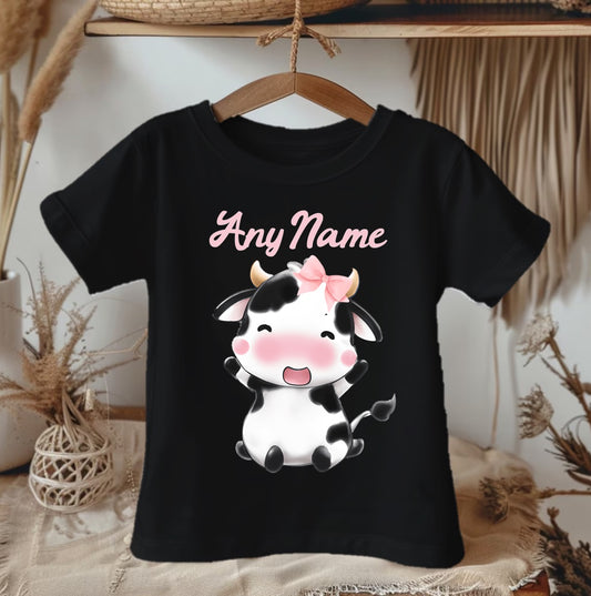 Cute Cow Pink Personalized Name Black Onesie or T Shirt - All Sizes