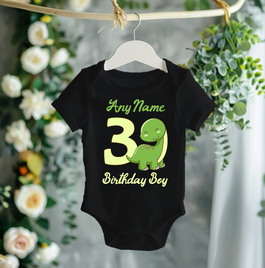 Cute Dinosaur Green Birthday Personalized Black Onesie or T Shirt - All Sizes