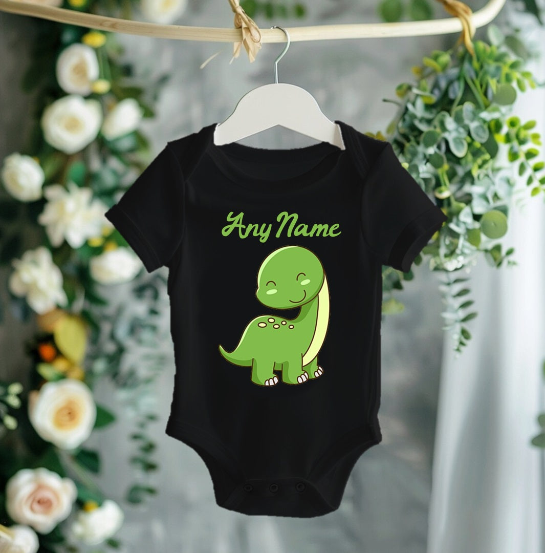 Cute Dinosaur Green Personalized Name Black Onesie or T Shirt - All Sizes