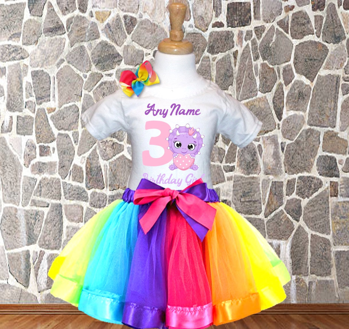 Cute Dinosaur Purple Birthday Personalized Rainbow Ribbon Tutu Outfit Dress Set - All Sizes