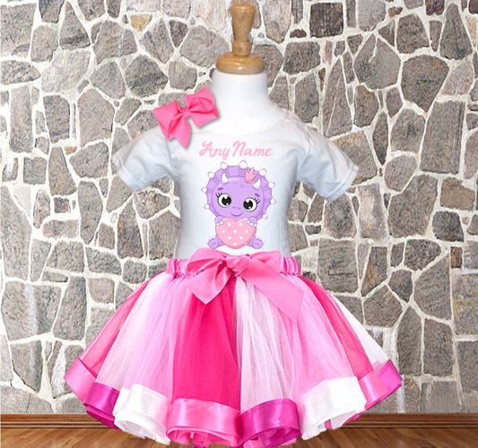 Cute Dinosaur Purple Personalized Name Pink Ribbon Tutu Outfit Dress Set - All Sizes