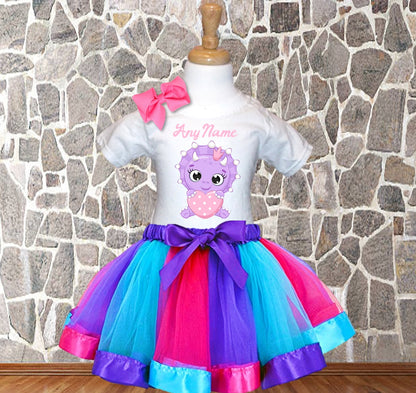 Cute Dinosaur Purple Personalized Name Purple Ribbon Tutu Outfit Dress Set - All Sizes