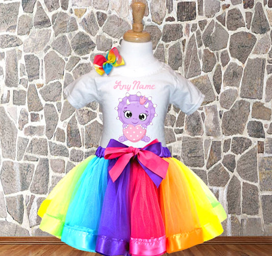 Cute Dinosaur Purple Personalized Name Rainbow Ribbon Tutu Outfit Dress Set - All Sizes