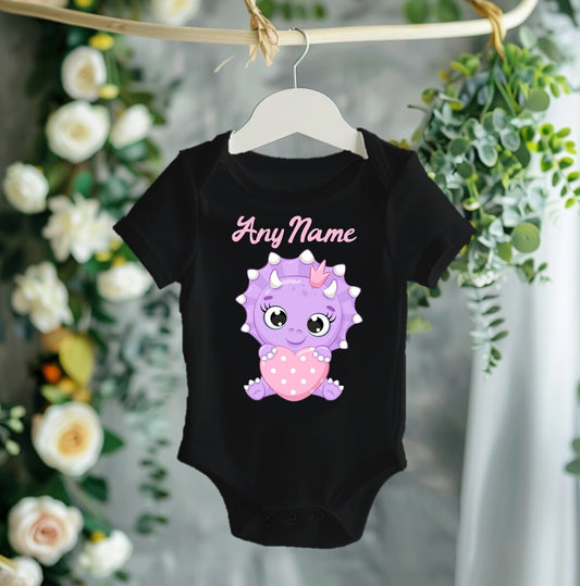 Cute Dinosaur Purple Personalized Name Black Onesie or T Shirt - All Sizes