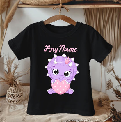 Cute Dinosaur Purple Personalized Name Black Onesie or T Shirt - All Sizes