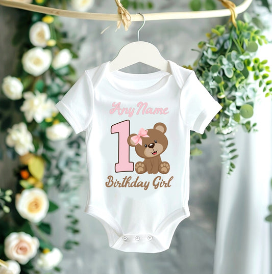 Cute Teddy Bear Pink Birthday Personalized White Onesie or T Shirt - All Sizes