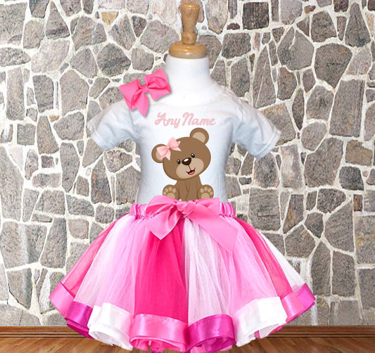 Cute Teddy Bear Pink Personalized Name Pink Ribbon Tutu Outfit Dress Set - All Sizes