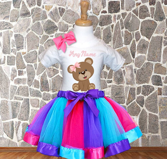 Cute Teddy Bear Pink Personalized Name Purple Ribbon Tutu Outfit Dress Set - All Sizes