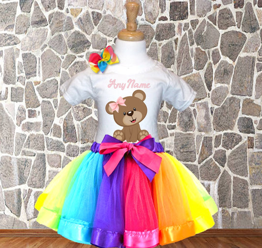 Cute Teddy Bear Pink Personalized Name Rainbow Ribbon Tutu Outfit Dress Set - All Sizes