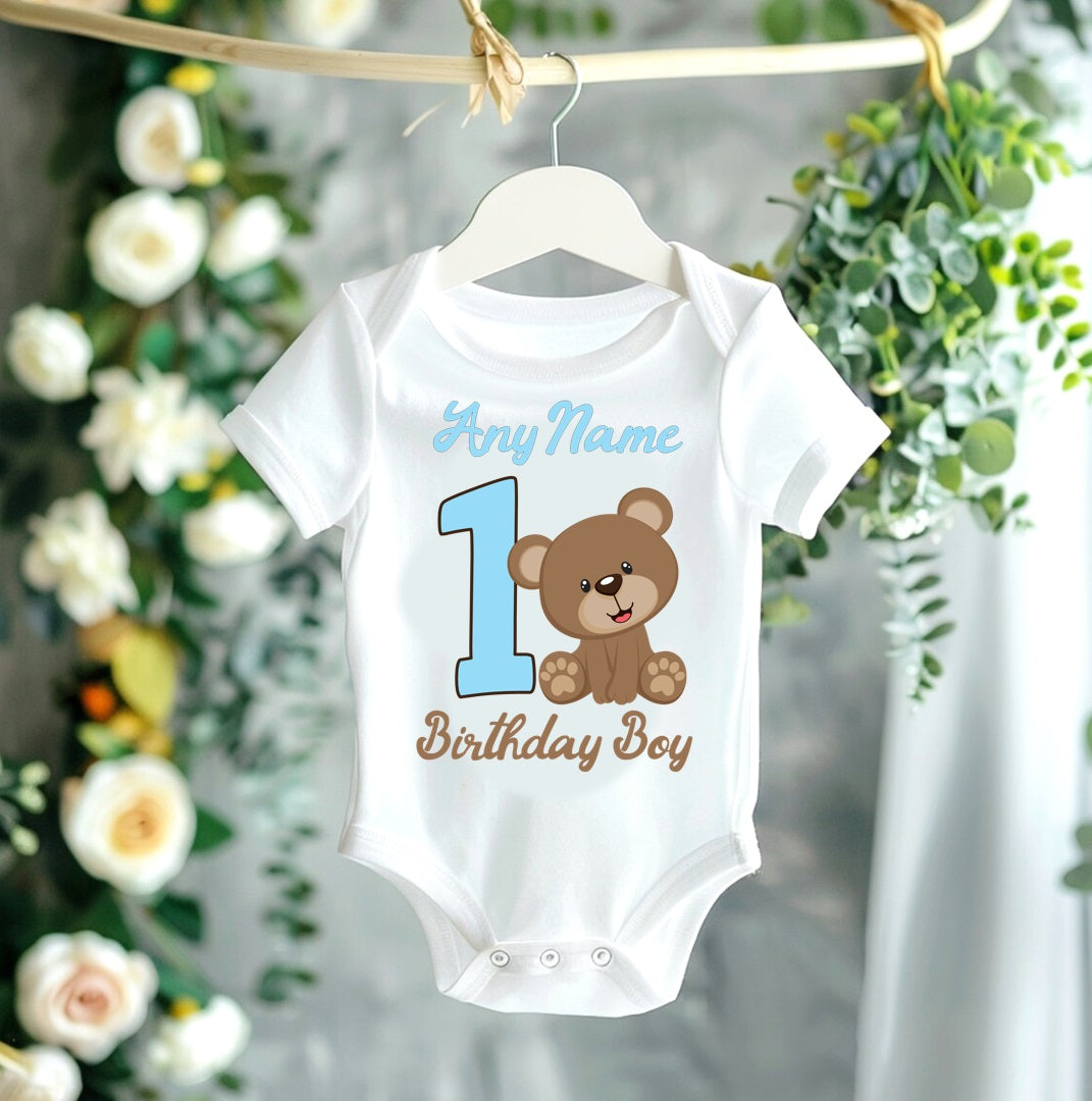 Cute Teddy Bear Blue Birthday Personalized White Onesie or T Shirt - All Sizes