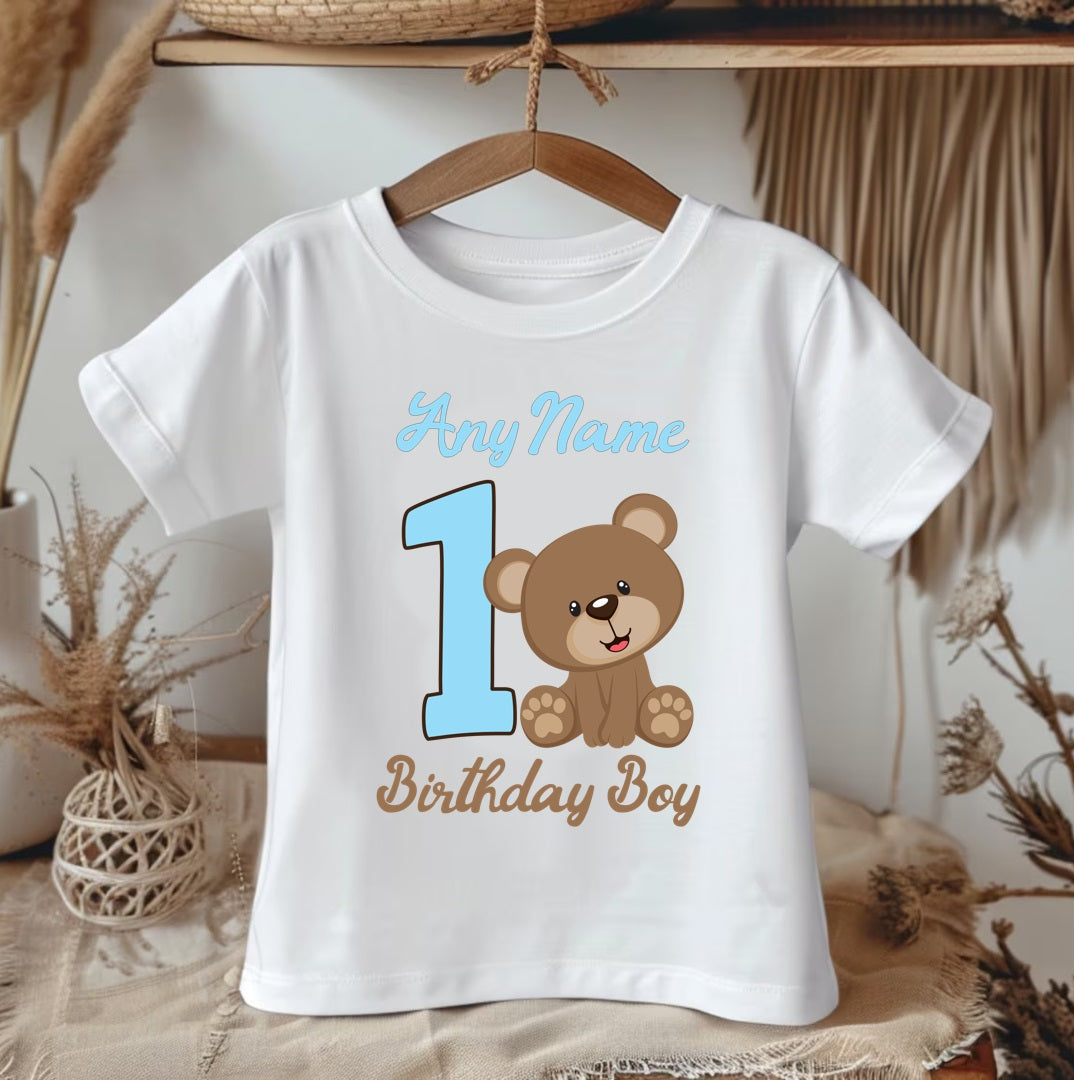 Cute Teddy Bear Blue Birthday Personalized White Onesie or T Shirt - All Sizes