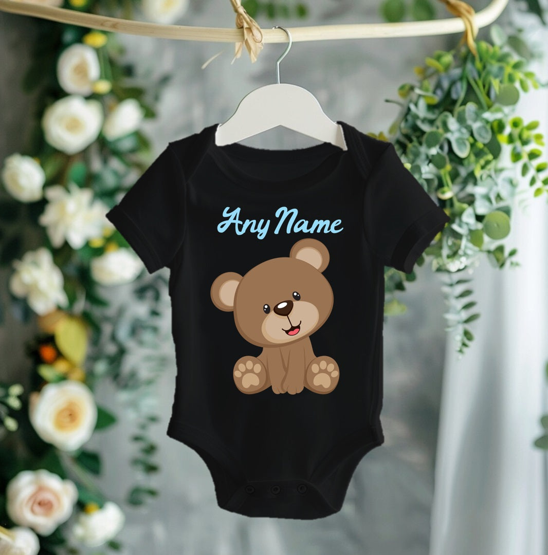 Cute Teddy Bear Blue Personalized Name Black Onesie or T Shirt - All Sizes