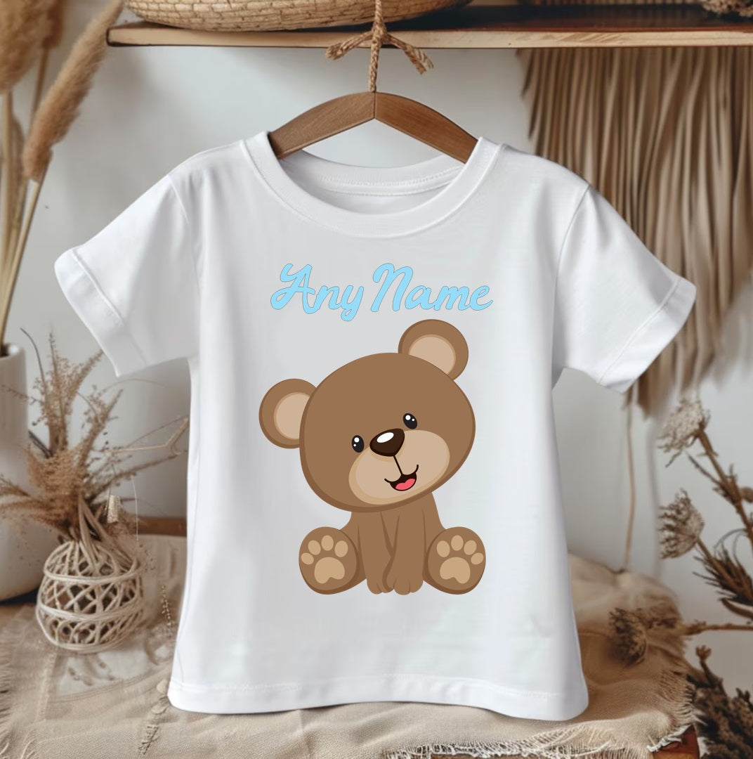 Cute Teddy Bear Blue Personalized Name White Onesie or T Shirt - All Sizes