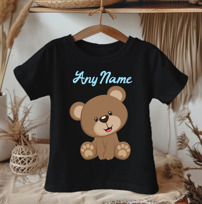 Cute Teddy Bear Blue Personalized Name Black Onesie or T Shirt - All Sizes