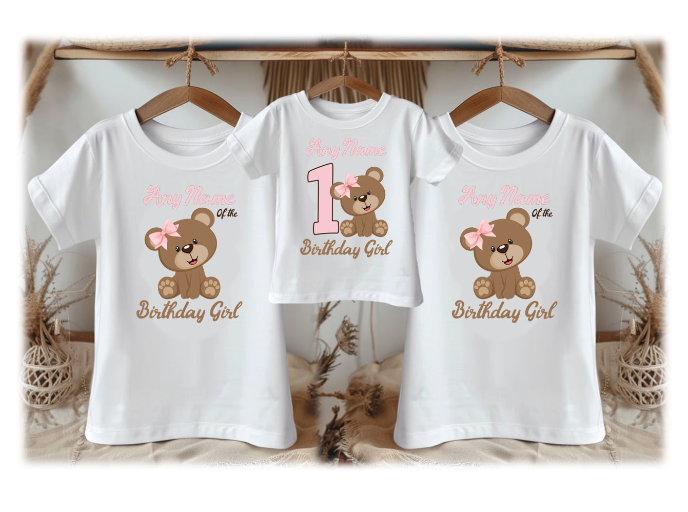 Cute Teddy Bear Pink Birthday Personalized Family White T Shirt 3 Pack - All Sizes