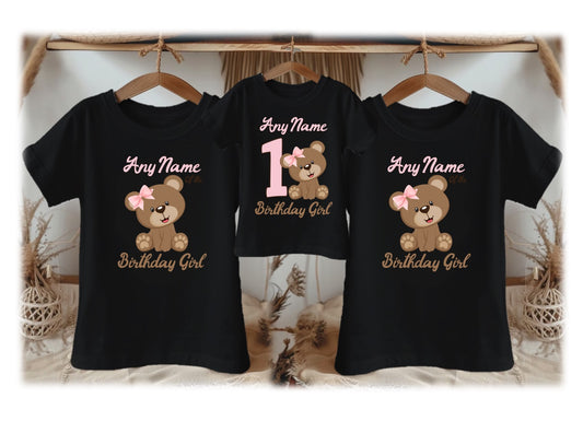 Cute Teddy Bear Pink Birthday Personalized Family Black T Shirt 3 Pack - All Sizes