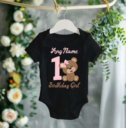 Cute Teddy Bear Pink Birthday Personalized Black Onesie or T Shirt - All Sizes