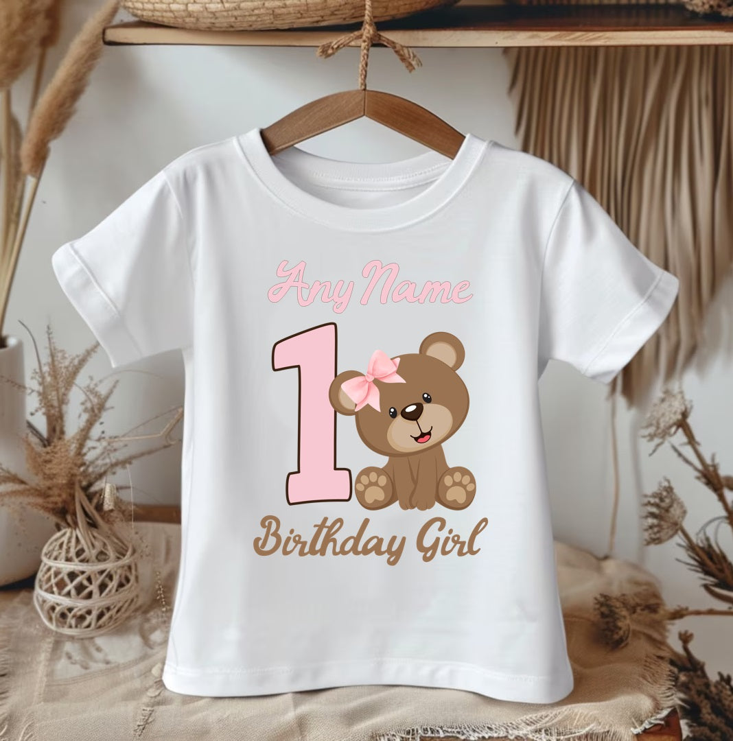 Cute Teddy Bear Pink Birthday Personalized White Onesie or T Shirt - All Sizes