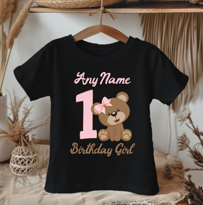 Cute Teddy Bear Pink Birthday Personalized Black Onesie or T Shirt - All Sizes