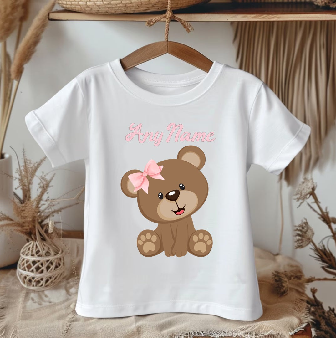 Cute Teddy Bear Pink Personalized Name White Onesie or T Shirt - All Sizes