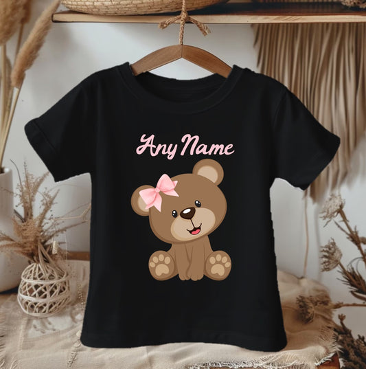 Cute Teddy Bear Pink Personalized Name Black Onesie or T Shirt - All Sizes