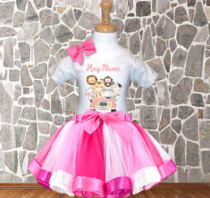 Safari Animals Wild One Pink Personalized Name Pink Ribbon Tutu Outfit Dress Set - All Sizes