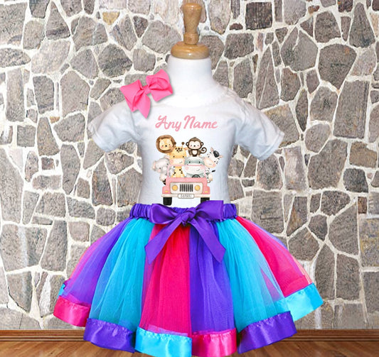 Safari Animals Wild One Pink Personalized Name Purple Ribbon Tutu Outfit Dress Set - All Sizes