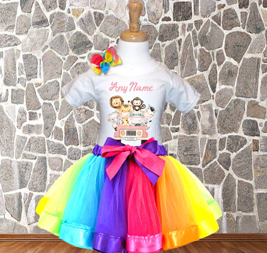 Safari Animals Wild One Pink Personalized Name Rainbow Ribbon Tutu Outfit Dress Set - All Sizes