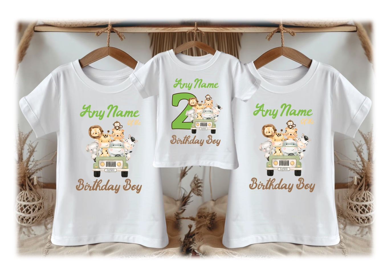 Safari Animals Wild One Green Birthday Personalized Family White T Shirt 3 Pack - All Sizes