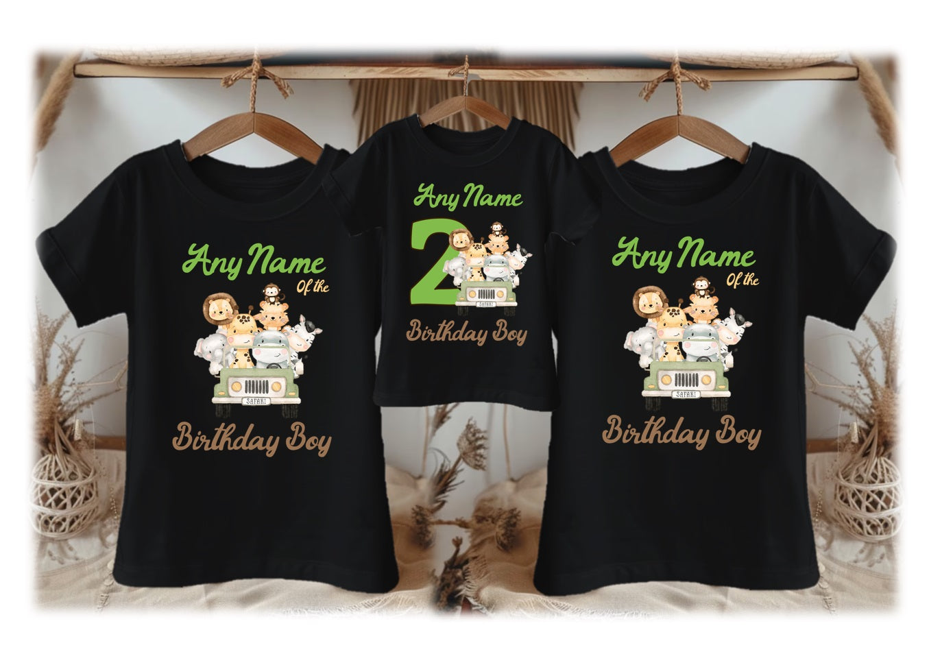 Safari Animals Wild One Green Birthday Personalized Family Black T Shirt 3 Pack - All Sizes