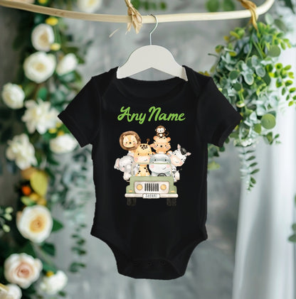 Safari Animals Wild One Green Personalized Name Black Onesie or T Shirt - All Sizes