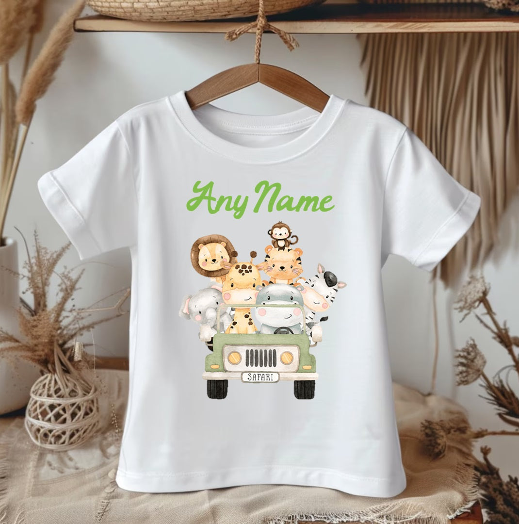 Safari Animals Wild One Green Personalized Name White Onesie or T Shirt - All Sizes