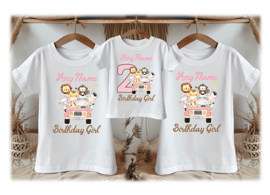 Safari Animals Wild One Pink Birthday Personalized Family White T Shirt 3 Pack - All Sizes