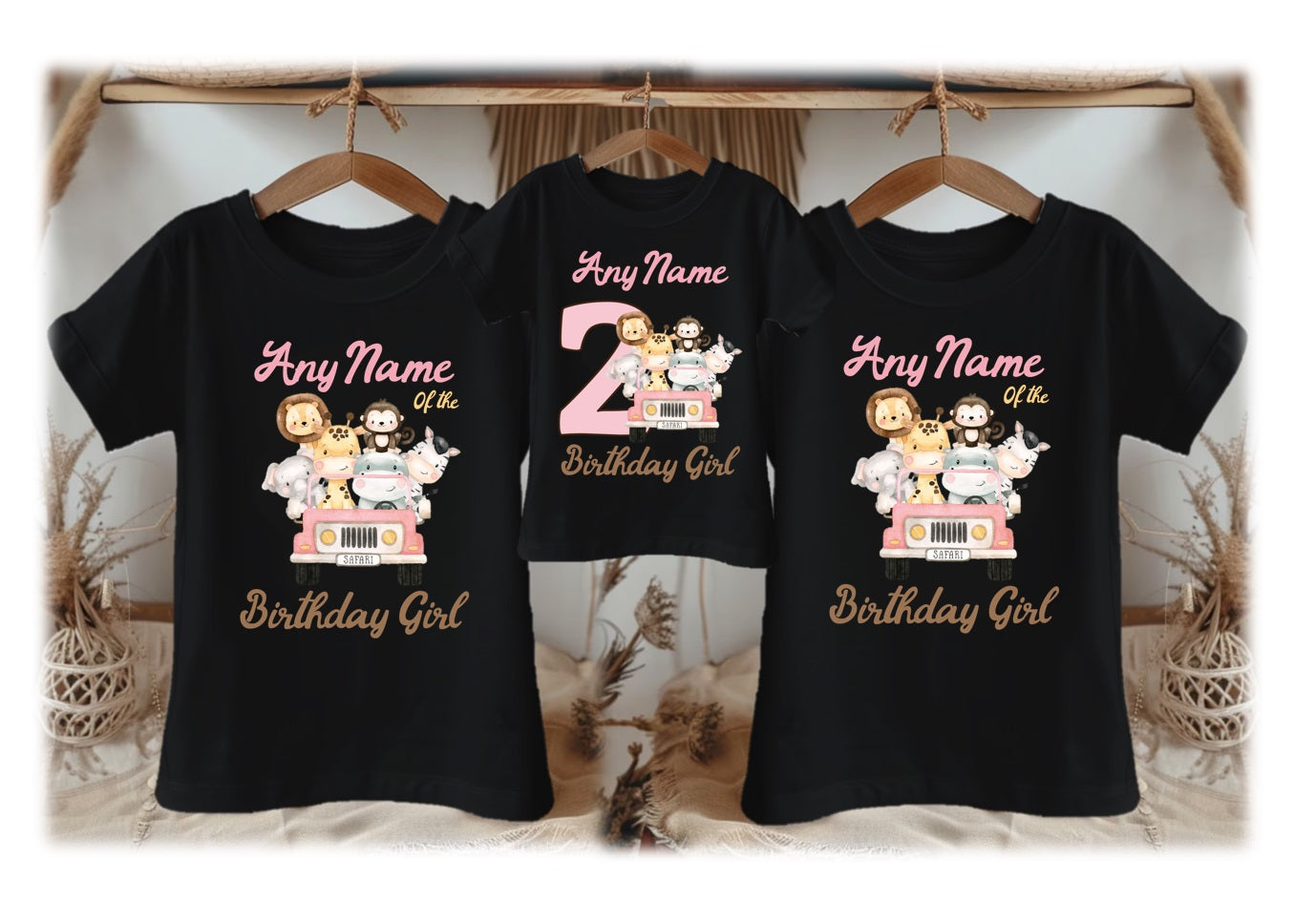 Safari Animals Wild One Pink Birthday Personalized Family Black T Shirt 3 Pack - All Sizes