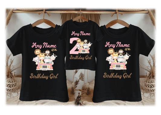 Safari Animals Wild One Pink Birthday Personalized Family Black T Shirt 3 Pack - All Sizes